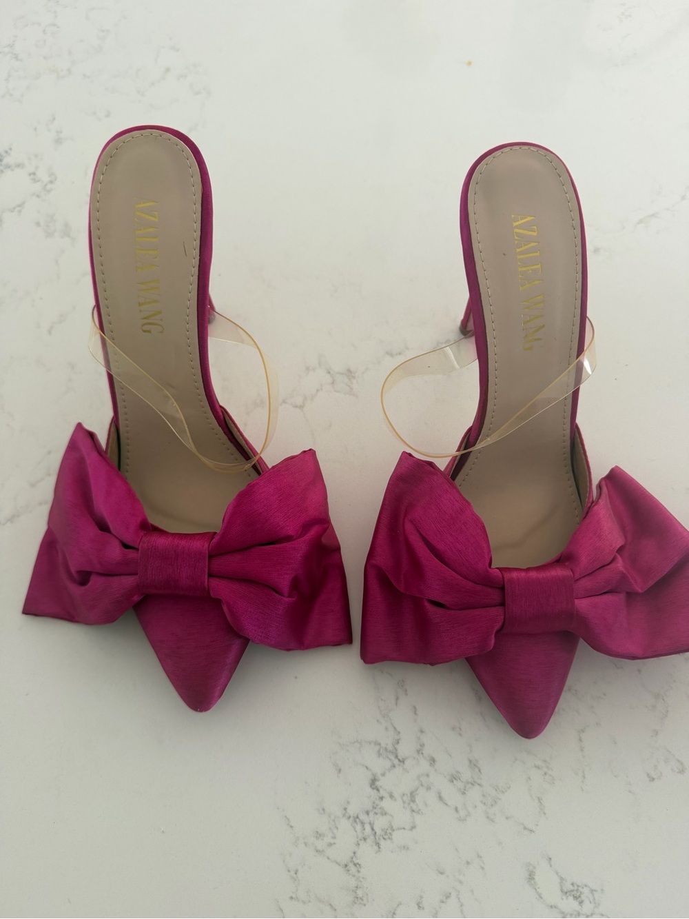Azzlea Wang Hot Pink Satin Bow Clear Strap Mule Heels | Size 7.5